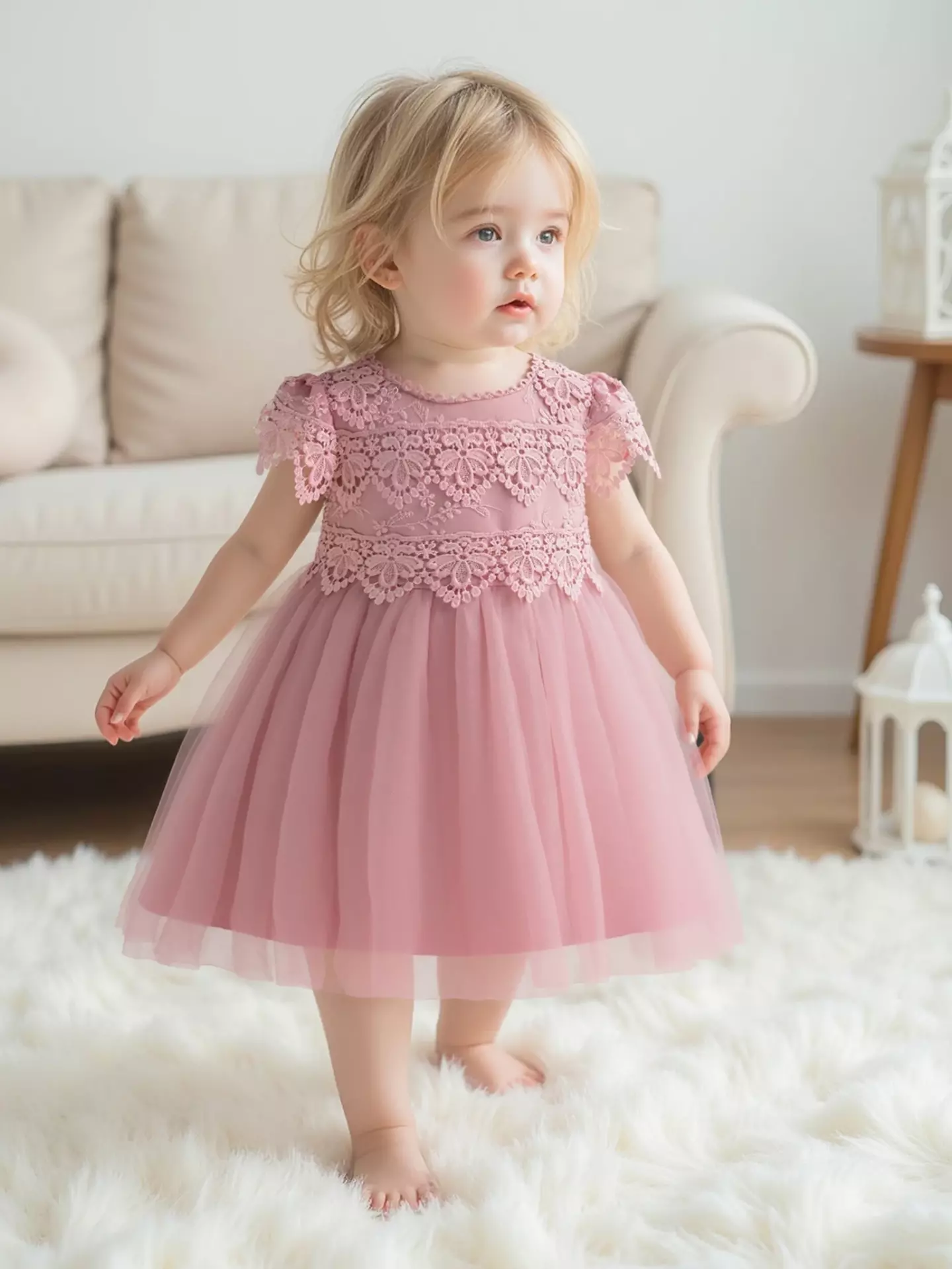 Jean Dusty Pink Scalloped Lace Tulle Tea Length Baby Party Dress