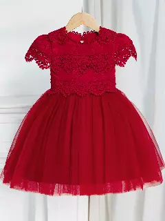 Jean II Maroon Scalloped Lace Tulle Knee Length Girls Party Dress