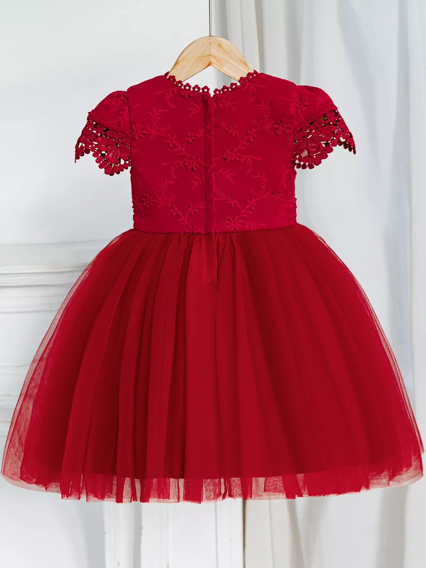 Jean II Maroon Scalloped Lace Tulle Knee Length Girls Party Dress