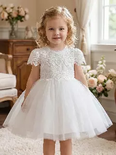 Jean II White Scalloped Lace Tulle Knee Length Flower Girl Dress