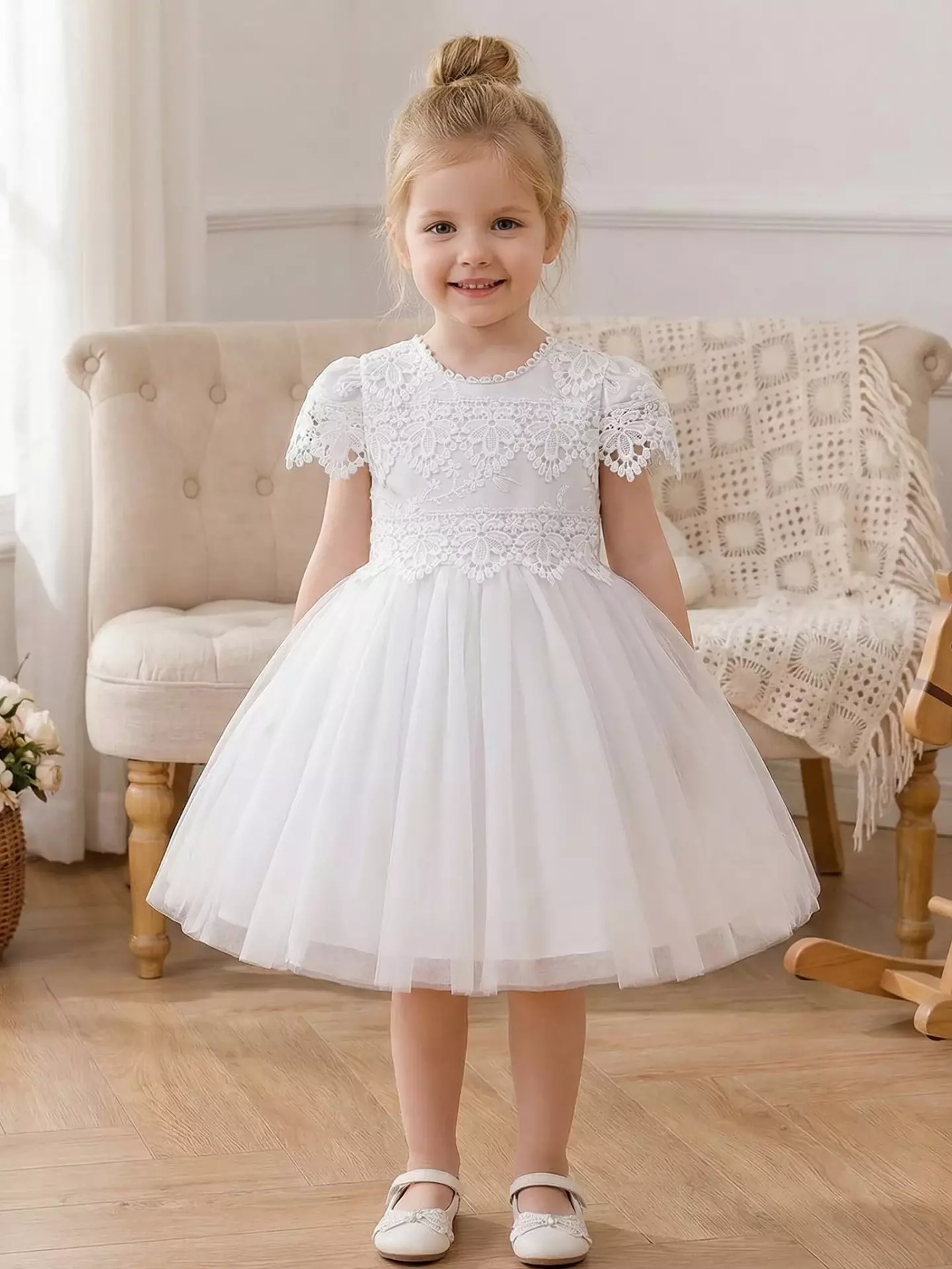 Jean II White Scalloped Lace Tulle Knee Length Flower Girl Dress