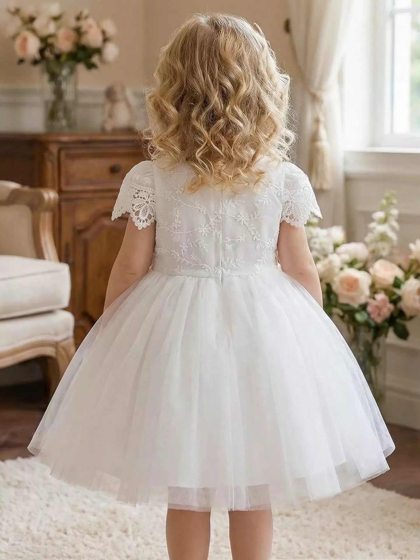 Jean II White Scalloped Lace Tulle Knee Length Flower Girl Dress