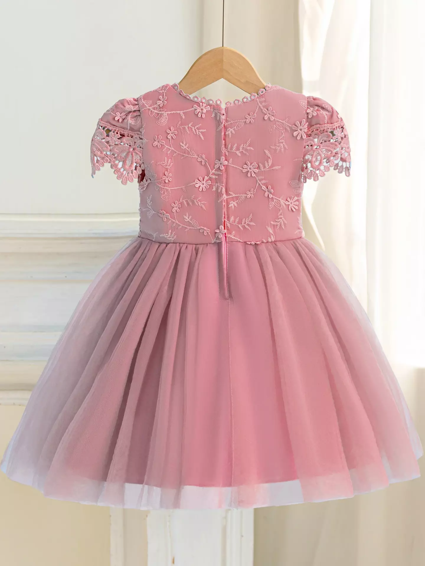 Jean II Dusty Pink Scalloped Lace Tulle Knee Length Girls Party Dress