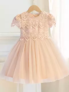 Jean II Beige Scalloped Lace Tulle Knee Length Girls Party Dress