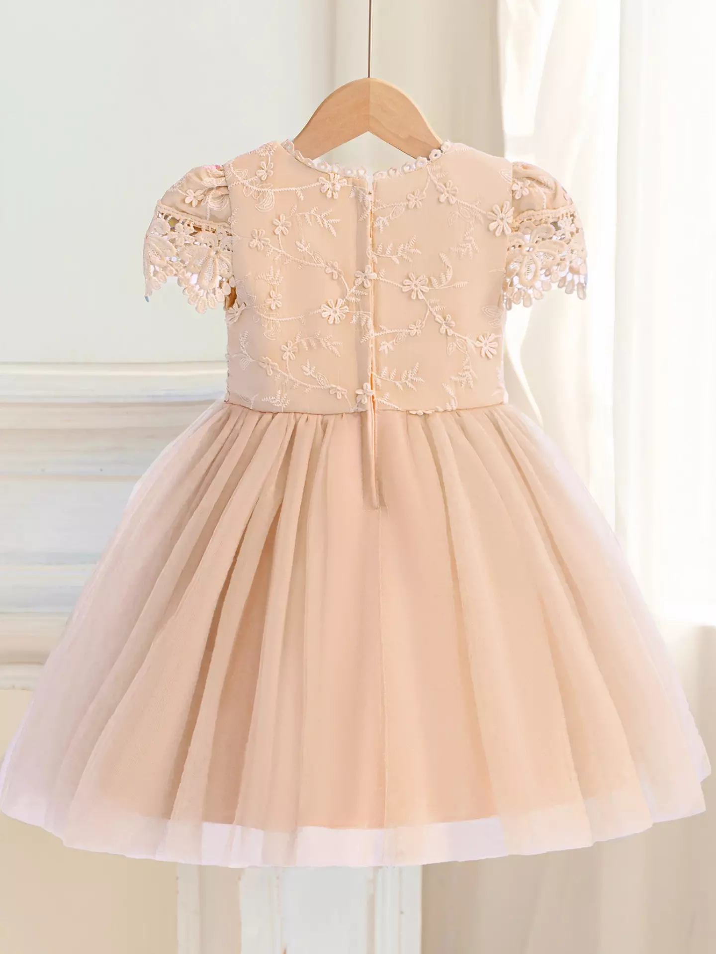 Jean II Beige Scalloped Lace Tulle Knee Length Girls Party Dress