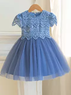 Jean II Blue Scalloped Lace Tulle Knee Length Girls Party Dress