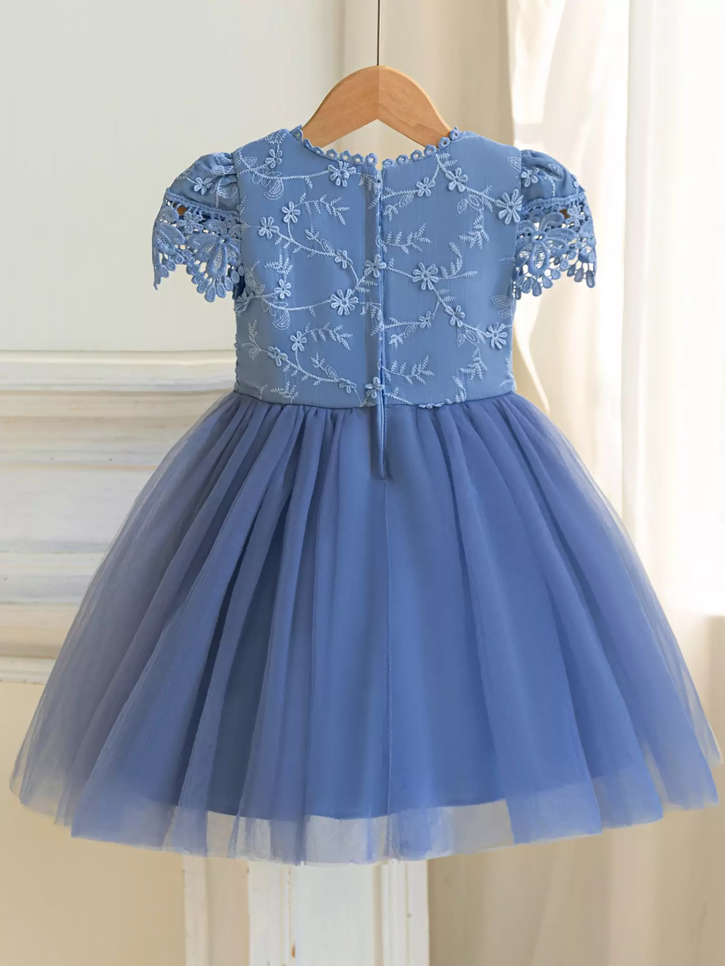 Jean II Blue Scalloped Lace Tulle Knee Length Girls Party Dress