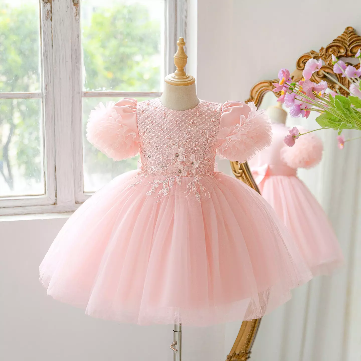 Ribera Peach Pink Floral Lace Puff Sleeve Tulle Knee Length Girls Party Dress