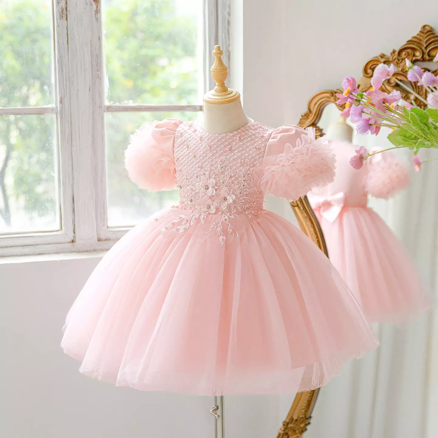 Ribera Peach Pink Floral Lace Puff Sleeve Tulle Knee Length Girls Party Dress