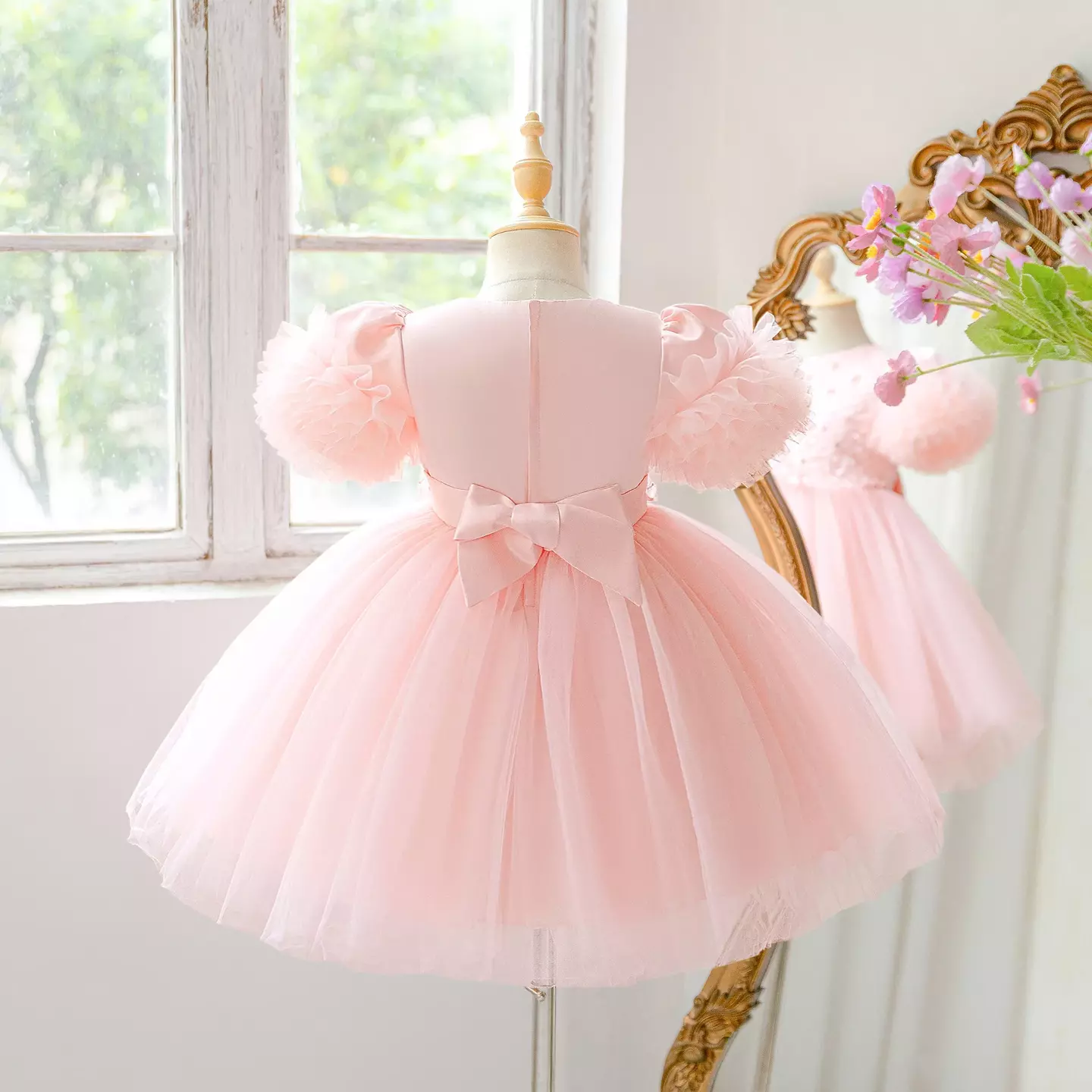 Ribera Peach Pink Floral Lace Puff Sleeve Tulle Knee Length Girls Party Dress