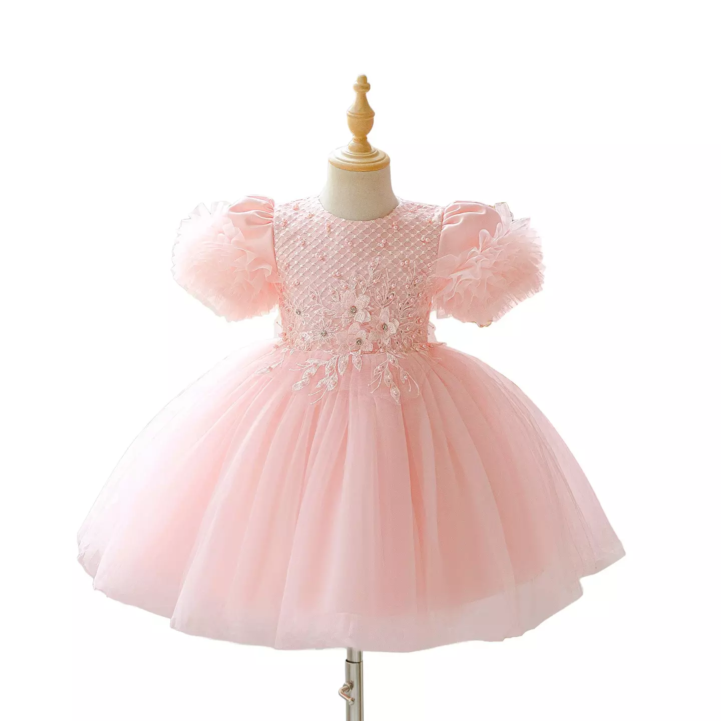 Ribera Peach Pink Floral Lace Puff Sleeve Tulle Knee Length Girls Party Dress