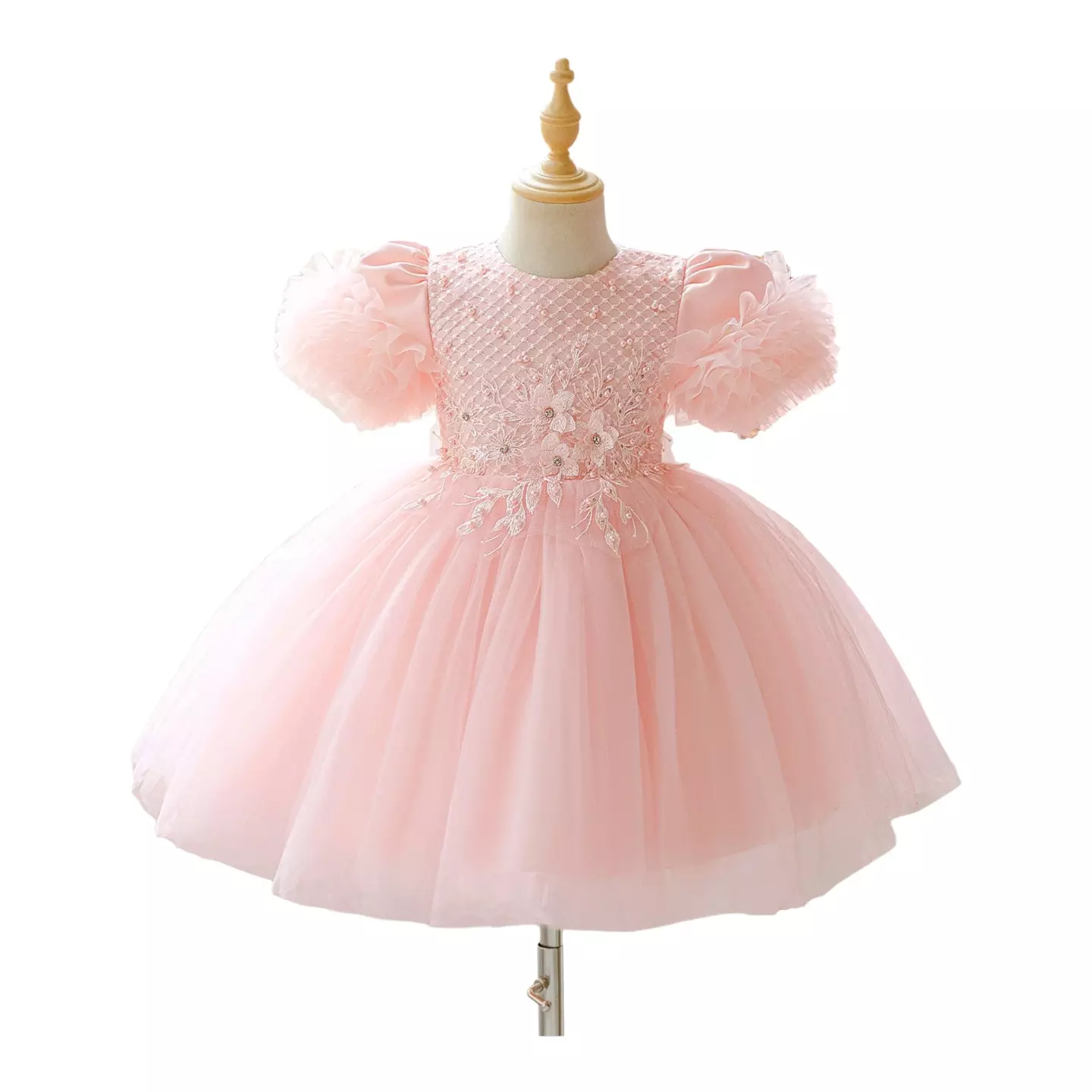 Ribera Peach Pink Floral Lace Puff Sleeve Tulle Knee Length Girls Party Dress
