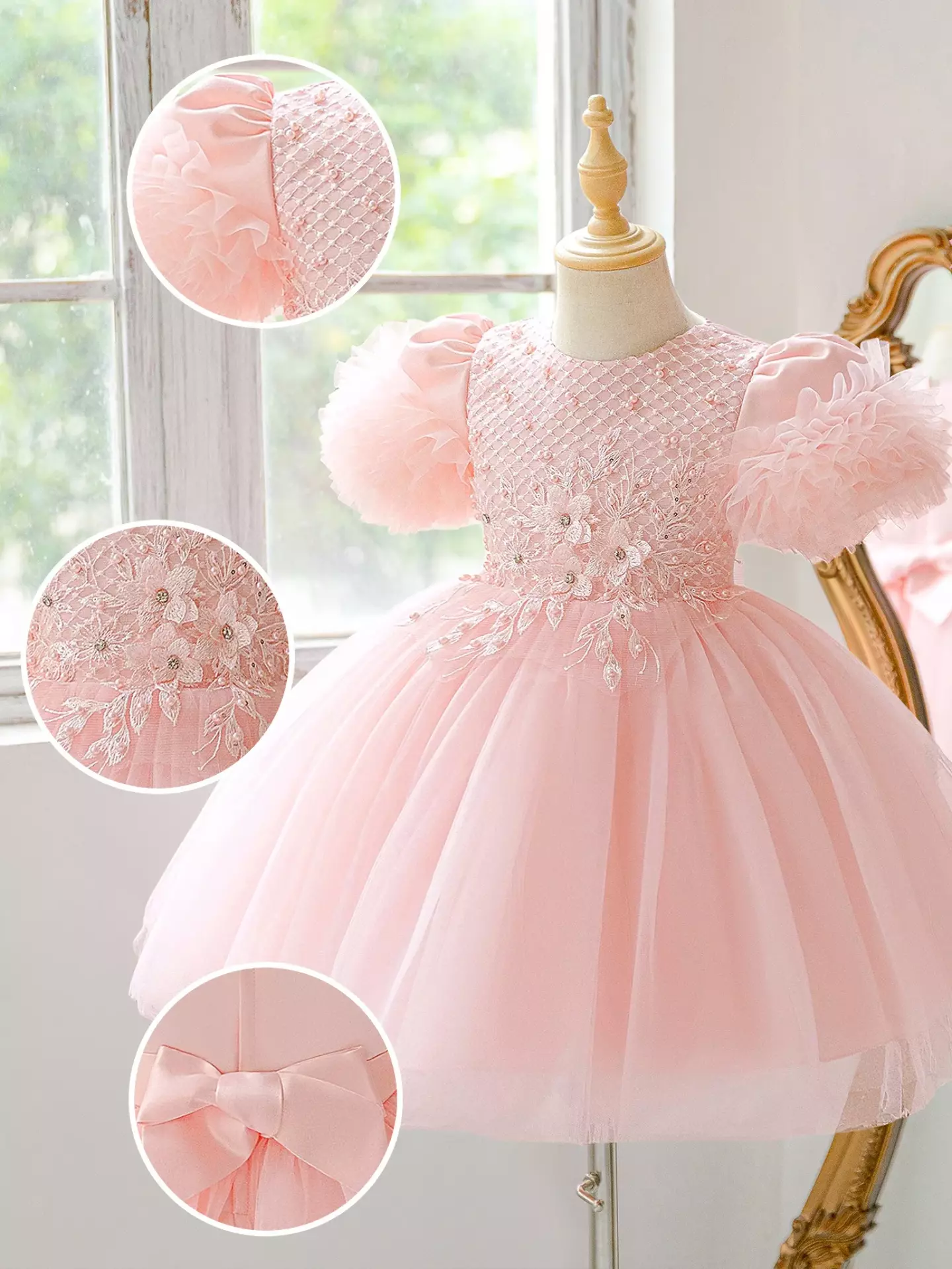 Ribera Peach Pink Floral Lace Puff Sleeve Tulle Knee Length Girls Party Dress