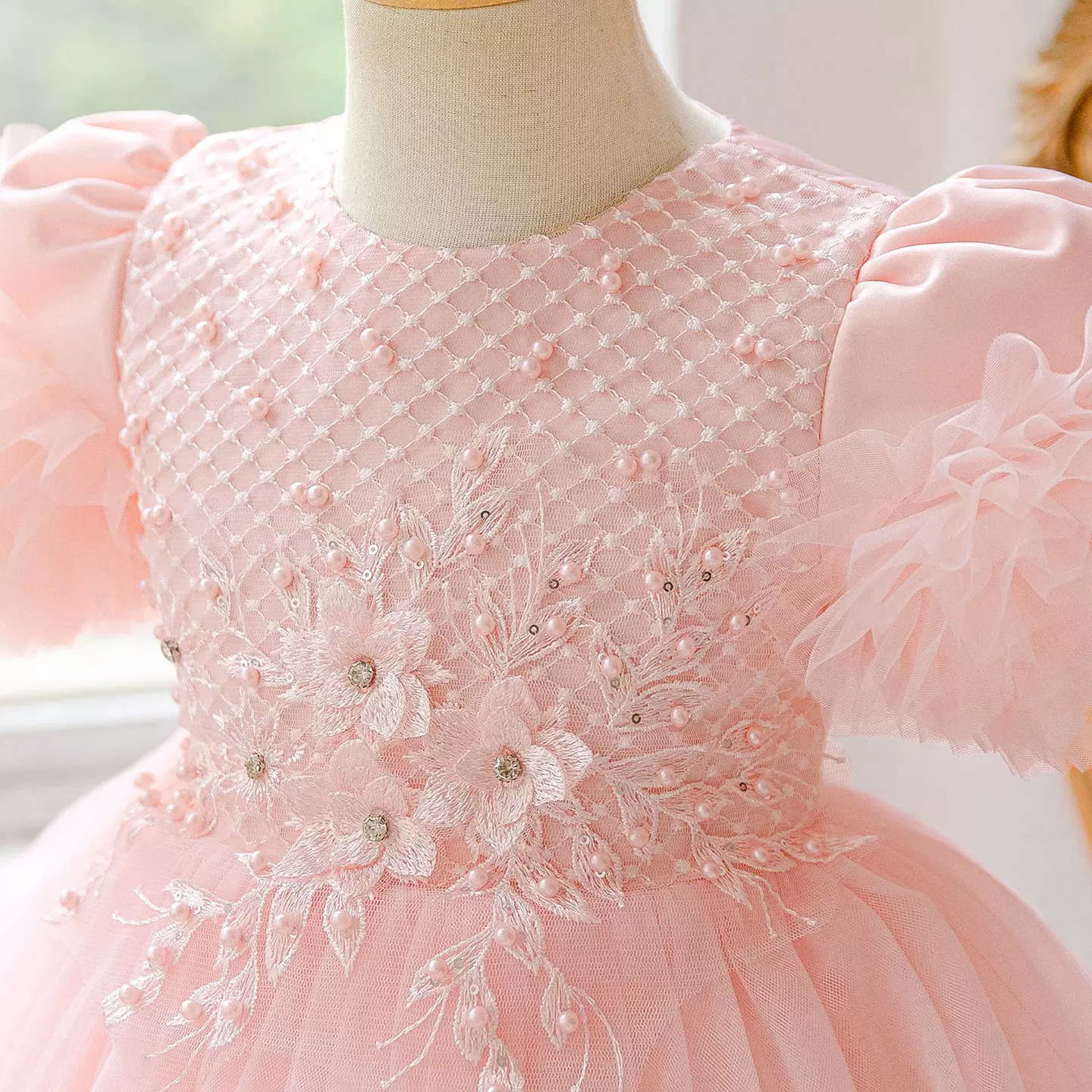 Ribera Peach Pink Floral Lace Puff Sleeve Tulle Knee Length Girls Party Dress