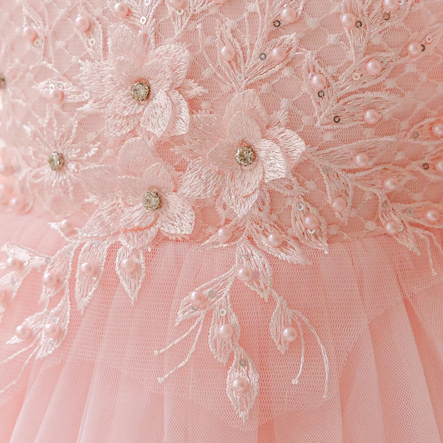 Ribera Peach Pink Floral Lace Puff Sleeve Tulle Knee Length Girls Party Dress