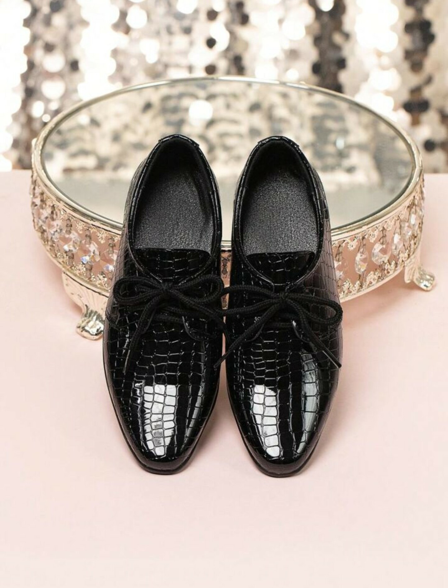 Children Boy Pointed Toe Oxford Shoes Crocodile Pattern (Black)