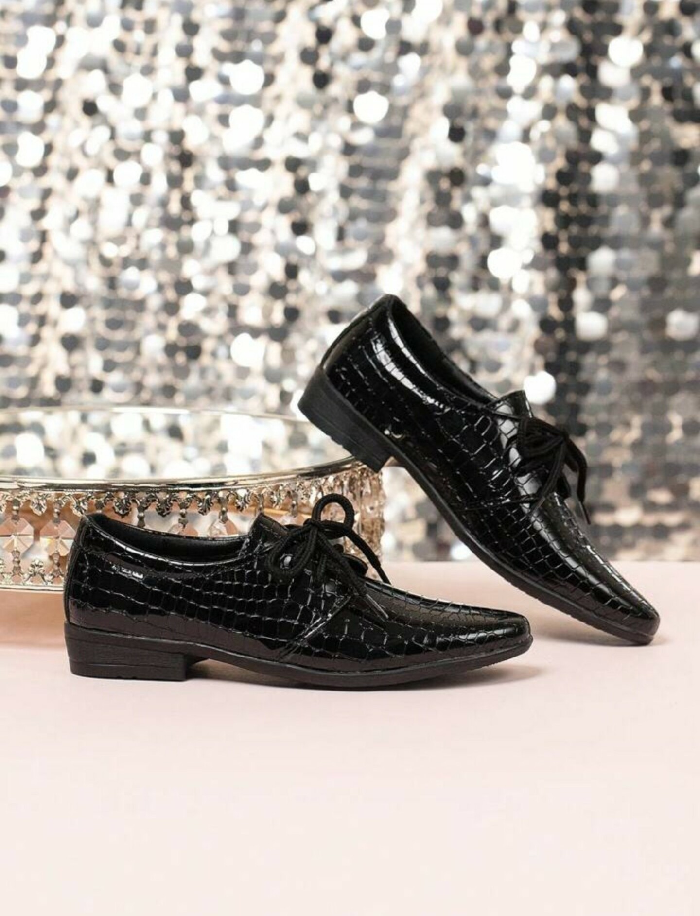 Children Boy Pointed Toe Oxford Shoes Crocodile Pattern (Black)